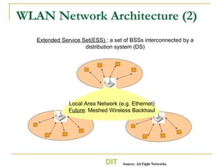 DIT
WLAN Network Architecture (2)
Extended Service Set(ESS) : a set of BSSs interconnected by a
distribution system (DS)
Local Area Network (e.g. Ethernet)
Future: Meshed Wireless Backhaul
Source: AirTight Networks
 
