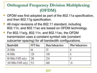 Orthogonal Frequency Division Multiplexing
(OFDM)
 OFDM was first adopted as part of the 802.11a specification,
and then 802.11g specification.
 All major revisions of the 802.11 standard, including
802.11n, and 802.11ac are based on OFDM technology.
 For 802.11a/g, 802.11n, and 802.11ac, the OFDM
transmission uses a constant symbol rate (constant
subcarrier spacing) for all bandwidth configurations.
DIT
 
