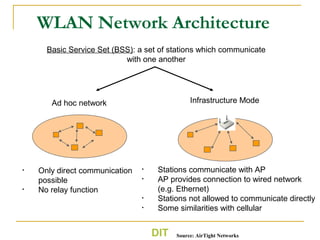 DIT
WLAN Network Architecture
Basic Service Set (BSS): a set of stations which communicate
with one another
Ad hoc network
• Only direct communication
possible
• No relay function
Infrastructure Mode
• Stations communicate with AP
• AP provides connection to wired network
(e.g. Ethernet)
• Stations not allowed to communicate directly
• Some similarities with cellular
Source: AirTight Networks
 