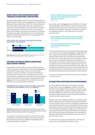 MORE PEOPLE ARE DISCOVERING NEWS
THROUGH ALGORITHMS THAN EDITORS
We can also add up preferences for content that is selected by an
algorithm (search, social, and many aggregators) and compare with
that selected by an editor (direct, email, and mobile notifications).
More than half of us (54%) prefer paths that use algorithms to
select stories rather than editors or journalists (44%). This effect
is even more apparent for those who mainly use smartphones
(58%) and for younger users (64%). As we discovered in last year’s
focus groups, younger people tend to be more comfortable with
algorithmic story selection, perhaps not surprisingly given their
heavy use of social media.
THE IMPLICATIONS OF MORE ALGORITHMIC
SELECTION OF STORIES
A key question for policy makers is how this shift to discovering
content though social media, search, and personalised aggregators
is affecting the range and type of news we consume. Does it
broaden or narrow our choices? Is it driving more extreme and
polarised views? This year we have new evidence that, far from
restricting content, algorithms are exposing most users to a greater
range of online sources. Users of search, social media, and online
aggregation services are significantly more likely to see sources
they would not normally use (see chart below).
This evidence is backed up by verbal comments from survey
respondents across multiple countries, many of whom welcomed
the wider diversity of sources available through digital media,
especially through social networks.
44% 54%
34% 64%
2%
OtherEditorial Algorithmic
2%
All
Under 35s
PREFERENCE FOR EDITORIAL OR ALGORITHMIC NEWS
SELECTION? – ALL MARKETS
Q10a_new2017_rc. Which of these was the MAIN way in which you came across news in the
last week? Base:Totalsample/Under35s:Allmarkets= 66,230/19,138.
REUTERS INSTITUTE FOR THE STUDY OF JOURNALISM
Slide 28
PROPORTION THAT AGREE THEY ARE EXPOSED TO SOURCES
THEY WOULD NOT NORMALLY USE – ALL MARKETS
0
10
20
30
40
50
20
27 27
40
36 35
Disagree
Agree
AggregatorsSocial mediaSearch engines
0%
10%
20%
30%
40%
50%
20
27 27
40
36 35
Disagree
Agree
AggregatorsSocial mediaSearch engines
Q12Fi/ii/iii_2017_1. Thinking about when you have used social media/search engines/news
aggregators…Please indicate your level of agreement with the following statement. – I often see
news from outlets that I would not normally use. Base:Allwhousedsearchengines/socialmedia/
aggregatorsfornewsinthelastweek:Allmarkets= 16,925/48,551/28,441.
Agree
Disagree
REUTERS INSTITUTE FOR THE STUDY OF JOURNALISM
Slide 29
“Therearedifferentviewpointsandsomethings
thatthemainmediasuppressintermsof
politicalcorrectness.”
Male(62),UK
Social media, search, and aggregators are all different in the range
of views they offer and the way they are accessed. However, other
respondents felt that exposure to more sources may not be driving
the ‘right’ kind of plurality – especially if information comes from
less reputable providers or ones that carry more extreme
or partisan views.
“Contradictoryarticlesandtrollingandconspiracy
theorywebsitesareeverywhereandsowtrouble.”
Female,France
“Toomanypeoplegivingtheirversionofthings
justleadstoconfusionforme.”
Female(53),UK
The extent to which users can control and personalise these three
environments varies considerably. Aggregators largely offer news
from a selection of reputable news organisations while social
media and search start with a universal canvas and filter down
from there. This is where algorithms come in, though our research
shows human overrides are a significant part of the picture. In
social media almost half of our respondents (45%) have actively
managed the content of their feeds by adding or removing users,
with around a third (30%) fine-tuning content in other ways, such
as hiding content from particular users. This activity allows users to
protect themselves from views they don’t like, but it also opens up
the possibility that they just end up seeing more of what they like.
For more on social media, incidental exposure, and echo chambers
see section 3.4, p. 43.
ATTRIBUTION IN DISTRIBUTED ENVIRONMENTS
A second implication of the shift to distributed consumption
through search, social, and aggregators relates to the level of
attribution and recognition for news brands. In last year’s report
our survey suggested that it is often the platform rather than the
publisher that gets the credit for the news, while focus group
respondents talked about how Twitter and Facebook had broken
some of the most important stories.
This year, as part of our Digital News Report, we conducted a study
where we passively tracked usage by a representative sample of
UK users and then 3,000 surveys were completed to see what they
could remember about the story and the brand. Overall, we found
that roughly two-thirds remembered the path through which they
found the news story (Facebook, Google, etc.), but less than half
could recall the name of the news brand itself when coming from
search (37%) and social (47%). Respondents were more likely to
remember the brand if they had a previous connection with it or
used it as a main source.
For more see the upcoming report Attribution in a Distributed
Environment to be published by the RISJ in July 2017.
Reuters Institute for the Study of Journalism /	 Digital News Report 2017
 