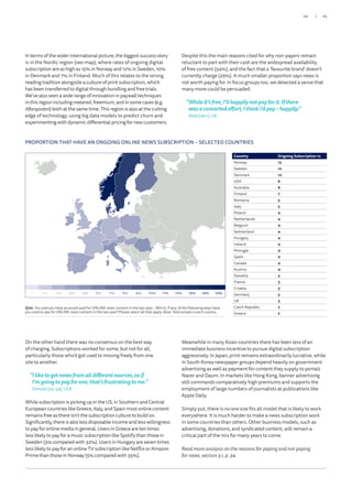 In terms of the wider international picture, the biggest success story
is in the Nordic region (see map), where rates of ongoing digital
subscription are as high as 15% in Norway and 12% in Sweden, 10%
in Denmark and 7% in Finland. Much of this relates to the strong
reading tradition alongside a culture of print subscription, which
has been transferred to digital through bundling and free trials.
We’ve also seen a wide range of innovation in paywall techniques
inthisregionincludingmetered,freemium,andinsomecases(e.g.
Aftenposten) both at the same time. This region is also at the cutting
edge of technology, using big data models to predict churn and
experimenting with dynamic differential pricing for new customers.
Despite this the main reasons cited for why non-payers remain
reluctant to part with their cash are the widespread availability
of free content (54%), and the fact that a ‘favourite brand’ doesn’t
currently charge (29%). A much smaller proportion says news is
not worth paying for. In focus groups too, we detected a sense that
many more could be persuaded.
“Whileit’sfree,I’llhappilynotpayforit.Ifthere
wasaconcertedeffort,IthinkI’dpay–happily.”
Male(40+),UK
On the other hand there was no consensus on the best way
of charging. Subscriptions worked for some, but not for all,
particularly those who’d got used to moving freely from one
site to another.
“Iliketogetnewsfromalldifferentsources,soif
I’mgoingtopayforone,that’sfrustratingtome.”
Female(24–35),USA
While subscription is picking up in the US, in Southern and Central
European countries like Greece, Italy, and Spain most online content
remains free as there isn’t the subscription culture to build on.
Significantly, there is also less disposable income and less willingness
to pay for online media in general. Users in Greece are ten times
less likely to pay for a music subscription like Spotify than those in
Sweden (3% compared with 32%). Users in Hungary are seven times
less likely to pay for an online TV subscription like Netflix or Amazon
Prime than those in Norway (5% compared with 35%).
Meanwhile in many Asian countries there has been less of an
immediate business incentive to pursue digital subscription
aggressively. In Japan, print remains extraordinarily lucrative, while
in South Korea newspaper groups depend heavily on government
advertising as well as payment for content they supply to portals
Naver and Daum. In markets like Hong Kong, banner advertising
still commands comparatively high premiums and supports the
employment of large numbers of journalists at publications like
Apple Daily.
Simply put, there is no one size fits all model that is likely to work
everywhere. It is much harder to make a news subscription work
in some countries than others. Other business models, such as
advertising, donations, and syndicated content, will remain a
critical part of the mix for many years to come.
Read more analysis on the reasons for paying and not paying
for news, section 3.1, p. 34.
1% 2% 3% 4% 5% 6% 7% 8% 9% 10% 11% 12% 13% 14% 15%
PROPORTION THAT HAVE AN ONGOING ONLINE NEWS SUBSCRIPTION – SELECTED COUNTRIES
Country Ongoing Subscription %
Norway 15
Sweden 12
Denmark 10
USA 8
Australia 8
Finland 7
Romania 5
Italy 5
Poland 4
Netherlands 4
Belgium 4
Switzerland 4
Hungary 4
Ireland 4
Portugal 4
Spain 4
Canada 4
Austria 4
Slovakia 3
France 3
Croatia 3
Germany 3
UK 3
Czech Republic 2
Greece 2
Q7ai. You said you have accessed paid for ONLINE news content in the last year… Which, if any, of the following ways have
you used to pay for ONLINE news content in the last year? Please select all that apply. Base: Total sample in each country.
REUTERS INSTITUTE FOR THE STUDY OF JOURNALISM
Slide 58
25/24
 