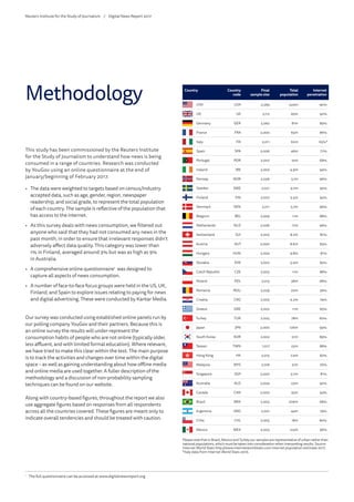 Methodology
This study has been commissioned by the Reuters Institute
for the Study of Journalism to understand how news is being
consumed in a range of countries. Research was conducted
by YouGov using an online questionnaire at the end of
January/beginning of February 2017.
•	 The data were weighted to targets based on census/industry
accepted data, such as age, gender, region, newspaper
readership, and social grade, to represent the total population
of each country. The sample is reflective of the population that
has access to the internet.
•	 As this survey deals with news consumption, we filtered out
anyone who said that they had not consumed any news in the
past month, in order to ensure that irrelevant responses didn’t
adversely affect data quality. This category was lower than
1% in Finland, averaged around 3% but was as high as 9%
in Australia.
•	 A comprehensive online questionnaire1
was designed to
capture all aspects of news consumption.
•	 A number of face-to-face focus groups were held in the US, UK,
Finland, and Spain to explore issues relating to paying for news
and digital advertising. These were conducted by Kantar Media.
Our survey was conducted using established online panels run by
our polling company YouGov and their partners. Because this is
an online survey the results will under-represent the
consumption habits of people who are not online (typically older,
less affluent, and with limited formal education). Where relevant,
we have tried to make this clear within the text. The main purpose
is to track the activities and changes over time within the digital
space – as well as gaining understanding about how offline media
and online media are used together. A fuller description of the
methodology and a discussion of non-probability sampling
techniques can be found on our website.
Along with country-based figures, throughout the report we also
use aggregate figures based on responses from all respondents
across all the countries covered. These figures are meant only to
indicate overall tendencies and should be treated with caution.
1
	 The full questionnaire can be accessed at www.digitalnewsreport.org
Country Country
code
Final
sample size
Total
population
Internet
penetration
USA USA 2,269 324m 90%
UK UK 2,112 65m 92%
Germany GER 2,062 81m 89%
France FRA 2,000 65m 86%
Italy ITA 2,011 62m 63%*
Spain SPA 2,006 46m 77%
Portugal POR 2,007 10m 68%
Ireland IRE 2,002 4.9m 94%
Norway NOR 2,056 5.1m 96%
Sweden SWE 2,021 9.7m 95%
Finland FIN 2,007 5.5m 92%
Denmark DEN 2,011 5.7m 96%
Belgium BEL 2,009 11m 88%
Netherlands NLD 2,006 17m 96%
Switzerland SUI 2,005 8.2m 87%
Austria AUT 2,000 8.6m 83%
Hungary HUN 2,004 9.8m 81%
Slovakia SVK 2,002 5.4m 83%
Czech Republic CZE 2,003 11m 88%
Poland POL 2,013 38m 68%
Romania ROU 2,029 20m 56%
Croatia CRO 2,005 4.2m 74%
Greece GRE 2,002 11m 65%
Turkey TUR 2,005 78m 60%
Japan JPN 2,000 126m 94%
South Korea KOR 2,002 51m 89%
Taiwan TWN 1,017 23m 88%
Hong Kong HK 2,015 7.4m 82%
Malaysia MYS 2,108 31m 70%
Singapore SGP 2,000 5.7m 81%
Australia AUS 2,004 23m 92%
Canada CAN 2,000 35m 93%
Brazil BRA 2,003 206m 68%
Argentina ARG 2,001 44m 79%
Chile CHL 2,005 18m 80%
Mexico MEX 2,003 123m 56%
REUTERS INSTITUTE FOR THE STUDY OF JOURNALISM
Slide 1
Please note that in Brazil, Mexico and Turkey our samples are representative of urban rather than
national populations, which must be taken into consideration when interpreting results. Source:
Internet World Stats http://www.internetworldstats.com internet population estimate 2017.
*Italy data from Internet World Stats 2016.
Reuters Institute for the Study of Journalism /	 Digital News Report 2017
 