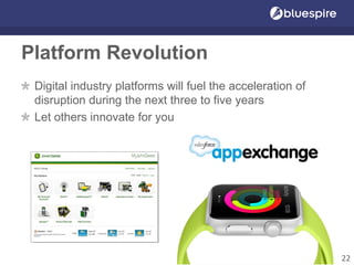 Platform Revolution
Digital industry platforms will fuel the acceleration of
disruption during the next three to five years
Let others innovate for you
22
 