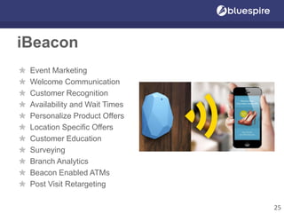 iBeacon
25
Event Marketing
Welcome Communication
Customer Recognition
Availability and Wait Times
Personalize Product Offers
Location Specific Offers
Customer Education
Surveying
Branch Analytics
Beacon Enabled ATMs
Post Visit Retargeting
 