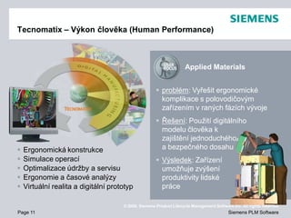 Tecnomatix – Výkon člověka (Human Performance)



                                                                    Applied Materials


                                                       problém: Vyřešit ergonomické
                                                        komplikace s polovodičovým
                                                        zařízením v raných fázích vývoje
                                                       Řešení: Použití digitálního
                                                        modelu člověka k
                                                        zajištění jednoduchého
   Ergonomická konstrukce                              a bezpečného dosahu
   Simulace operací                                   Výsledek: Zařízení
   Optimalizace údržby a servisu                       umožňuje zvýšení
   Ergonomie a časové analýzy                          produktivity lidské
   Virtuální realita a digitální prototyp              práce

                                      © 2009. Siemens Product Lifecycle Management Software Inc. All rights reserved
Page 11                                                                                   Siemens PLM Software
 