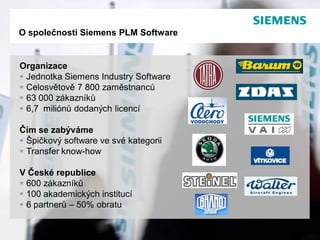 O společnosti Siemens PLM Software


Organizace
 Jednotka Siemens Industry Software
 Celosvětově 7 800 zaměstnanců
 63 000 zákazníků
 6,7 miliónů dodaných licencí

Čím se zabýváme
 Špičkový software ve své kategorii
 Transfer know-how

V České republice
 600 zákazníků
 100 akademických institucí
 6 partnerů – 50% obratu

                               © 2009. Siemens Product Lifecycle Management Software Inc. All rights reserved
Page 17                                                                            Siemens PLM Software
 