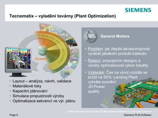Tecnomatix – vyladění továrny (Plant Optimization)



                                                                General Motors


                                                   Problém: jak zlepšit akceschopnost
                                                    vyrábět jakákoliv produkt kdekoliv
                                                   Řešení: propojením designu a
                                                    výroby optimalizovat výkon lokality
                                                   Výsledek: Čas na vývoj vozidla se
                                                    snížil na 50%: Lansing Plant
   Layout – analýza, návrh, validace               vyhrála ocenění
   Materiálové toky                                JD Power
   Kapacitní plánování                             quality
   Simulace propustnosti výroby
   Optimalizace sekvencí ve výr. plánu

                                  © 2009. Siemens Product Lifecycle Management Software Inc. All rights reserved
Page 9                                                                                Siemens PLM Software
 
