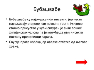 Бубашвабе
• Бубашвабе су најомрженији инсекти, јер често
насељавају станове као незвани гости. Њихово
стално присуство у кући сигуран је знак лоших
хигијенских услова па је могуће да ови инсекти
постану преносиоци зараза.
• Свугде прате човека јер налазе отпатке од његове
хране.
 