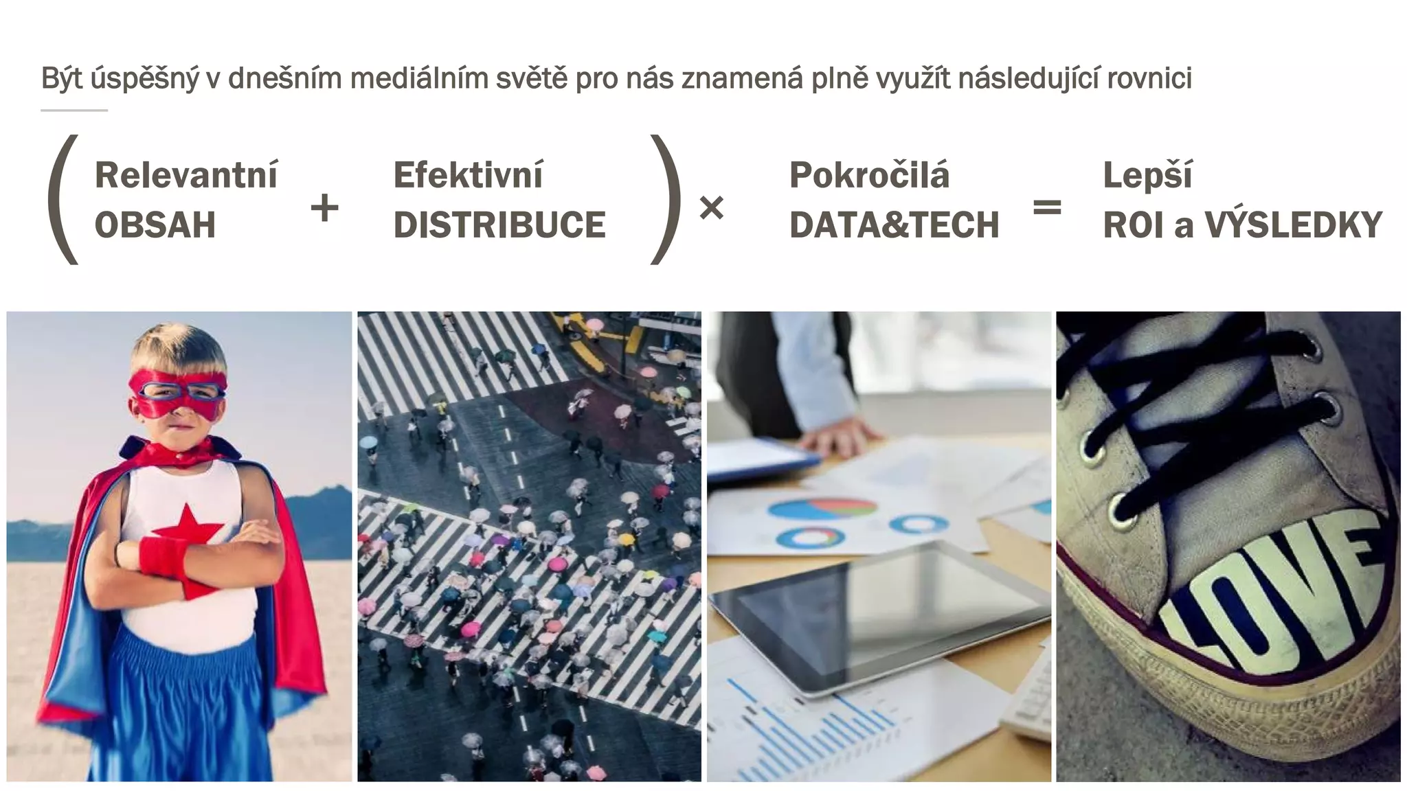 Být úspěšný v dnešním mediálním světě pro nás znamená plně využít následující rovnici
+ ×
Relevantní
OBSAH
Efektivní
DISTRIBUCE =
Lepší
ROI a VÝSLEDKYDATA&TECH
Pokročilá
( )
 