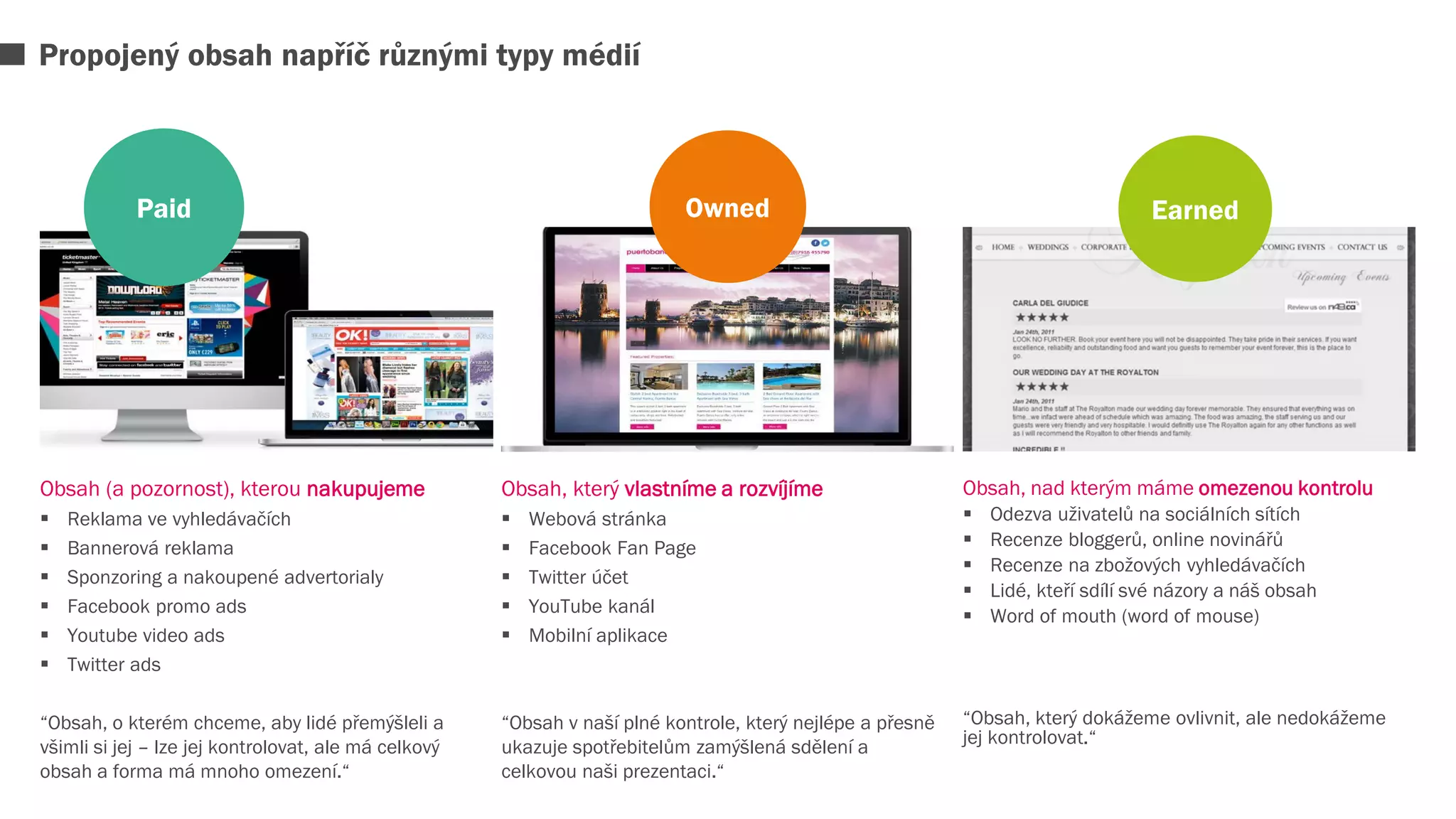 Obsah (a pozornost), kterou nakupujeme
 Reklama ve vyhledávačích
 Bannerová reklama
 Sponzoring a nakoupené advertorialy
 Facebook promo ads
 Youtube video ads
 Twitter ads
“Obsah, o kterém chceme, aby lidé přemýšleli a
všimli si jej – lze jej kontrolovat, ale má celkový
obsah a forma má mnoho omezení.“
Obsah, který vlastníme a rozvíjíme
 Webová stránka
 Facebook Fan Page
 Twitter účet
 YouTube kanál
 Mobilní aplikace
“Obsah v naší plné kontrole, který nejlépe a přesně
ukazuje spotřebitelům zamýšlená sdělení a
celkovou naši prezentaci.“
Obsah, nad kterým máme omezenou kontrolu
 Odezva uživatelů na sociálních sítích
 Recenze bloggerů, online novinářů
 Recenze na zbožových vyhledávačích
 Lidé, kteří sdílí své názory a náš obsah
 Word of mouth (word of mouse)
“Obsah, který dokážeme ovlivnit, ale nedokážeme
jej kontrolovat.“
Propojený obsah napříč různými typy médií
Paid Owned Earned
 