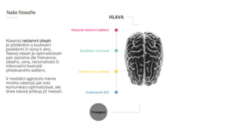 Naše filosofie
Klasický reklamní obsah
je především o budování
povědomí či výzvy k akci.
Takový obsah je optimalizován
pak zejména dle frekvence,
zásahu, ceny, racionalizaci či
informační hodnotě
předávaného sdělení.
V mediální agentuře máme
mnoho nástrojů jak tuto
komunikaci optimalizovat, ale
dnes takový přístup již nestačí.
HLAVA
Klasické reklamní sdělení
Zaměřeno na brand
Zaměřeno na výhody
Krátkodobé ROI
Propagace
 