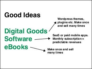 Good Ideas!
!
Digital Goods!
Software!
eBooks!
Wordpress themes, !
plugins etc. Make once !
and sell many times
SaaS or pa...