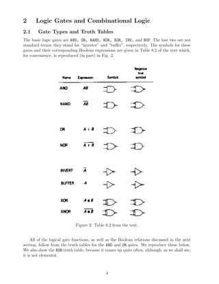 2      Logic Gates and Combinational Logic
2.1     Gate Types and Truth Tables
The basic logic gates are AND, OR, NAND, NOR, XOR, INV, and BUF. The last two are not
standard terms; they stand for “inverter” and “buﬀer”, respectively. The symbols for these
gates and their corresponding Boolean expressions are given in Table 8.2 of the text which,
for convenience, is reproduced (in part) in Fig. 2.




                             Figure 2: Table 8.2 from the text.


     All of the logical gate functions, as well as the Boolean relations discussed in the next
section, follow from the truth tables for the AND and OR gates. We reproduce these below.
We also show the XOR truth table, because it comes up quite often, although, as we shall see,
it is not elemental.



                                              4
 