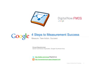 4 Steps to Measurement Success
Measure. Take Action. Succeed.



 Vinoaj Vijeyakumaar
 Senior Conversion Specialist, Google Southeast Asia




     http://twitter.com/vinoaj #digitalnow
     http://conversionroom-japac.blogspot.com

                                                       Google Confidential and Proprietary   1
 