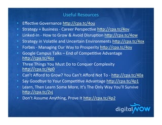 Useful	
  Resources	
  
•  Eﬀec-ve	
  Governance	
  h[p://cpa.tc/4ou	
  
•  Strategy	
  +	
  Business	
  -­‐	
  Career	
  Perspec-ve	
  h[p://cpa.tc/4ov	
  
•  Linked-­‐In	
  -­‐	
  How	
  to	
  Grow	
  &	
  Avoid	
  Disrup-on	
  h[p://cpa.tc/4ow	
  
•  Strategy	
  in	
  Vola-le	
  and	
  Uncertain	
  Environments	
  h[p://cpa.tc/4ox	
  
•  Forbes	
  -­‐	
  Managing	
  Our	
  Way	
  to	
  Prosperity	
  h[p://cpa.tc/4oy	
  
•  Google	
  Campus	
  Talks	
  –	
  End	
  of	
  Compe--ve	
  Advantage	
  
h[p://cpa.tc/4oz	
  
•  Three	
  Things	
  You	
  Must	
  Do	
  to	
  Conquer	
  Complexity	
  
h[p://cpa.tc/4p0	
  
•  Can’t	
  Aﬀord	
  to	
  Grow?	
  You	
  Can’t	
  Aﬀord	
  Not	
  To	
  -­‐	
  h[p://cpa.tc/40a	
  
•  Say	
  Goodbye	
  to	
  Your	
  Compe--ve	
  Advantage	
  h[p://cpa.tc/4p1	
  
•  Learn,	
  Then	
  Learn	
  Some	
  More,	
  It’s	
  The	
  Only	
  Way	
  You’ll	
  Survive	
  
h[p://cpa.tc/2vj	
  
•  Don’t	
  Assume	
  Anything,	
  Prove	
  It	
  h[p://cpa.tc/4p2	
  
	
  
 