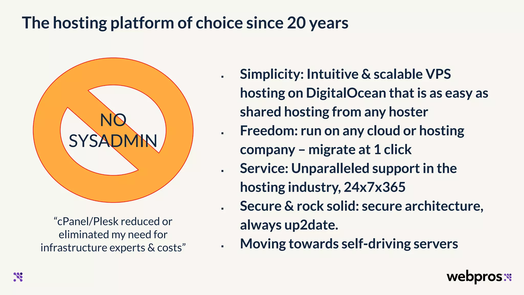 The hosting platform of choice since 20 years
“cPanel/Plesk reduced or
eliminated my need for
infrastructure experts & costs”
▪ Simplicity: Intuitive & scalable VPS
hosting on DigitalOcean that is as easy as
shared hosting from any hoster
▪ Freedom: run on any cloud or hosting
company – migrate at 1 click
▪ Service: Unparalleled support in the
hosting industry, 24x7x365
▪ Secure & rock solid: secure architecture,
always up2date.
▪ Moving towards self-driving servers
NO
SYSADMIN
 
