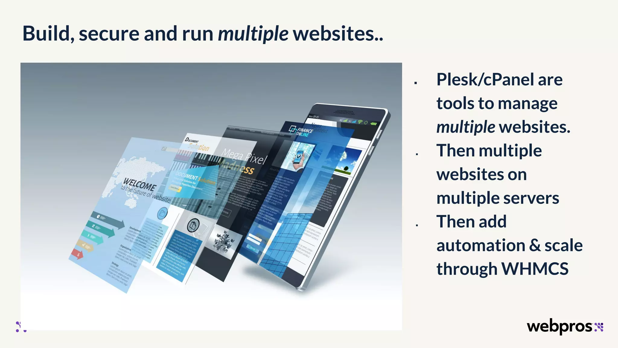 Build, secure and run multiple websites..
▪ Plesk/cPanel are
tools to manage
multiple websites.
▪ Then multiple
websites on
multiple servers
▪ Then add
automation & scale
through WHMCS
 