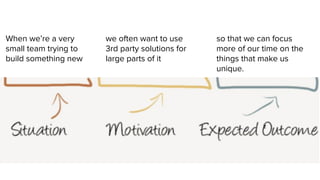 When we’re a very
small team trying to
build something new
we often want to use
3rd party solutions for
large parts of it
so that we can focus
more of our time on the
things that make us
unique.
 