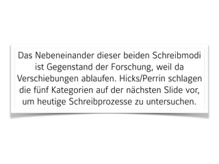 Das Nebeneinander dieser beiden Schreibmodi
ist Gegenstand der Forschung, weil da
Verschiebungen ablaufen. Hicks/Perrin schlagen
die fünf Kategorien auf der nächsten Slide vor,
um heutige Schreibprozesse zu untersuchen.
 