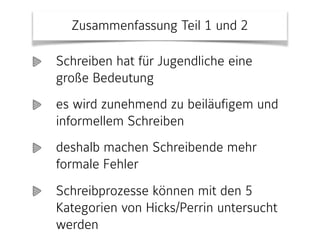 Zusammenfassung Teil 1 und 2
Schreiben hat für Jugendliche eine
große Bedeutung
es wird zunehmend zu beiläufigem und
informellem Schreiben
deshalb machen Schreibende mehr
formale Fehler
Schreibprozesse können mit den 5
Kategorien von Hicks/Perrin untersucht
werden
 