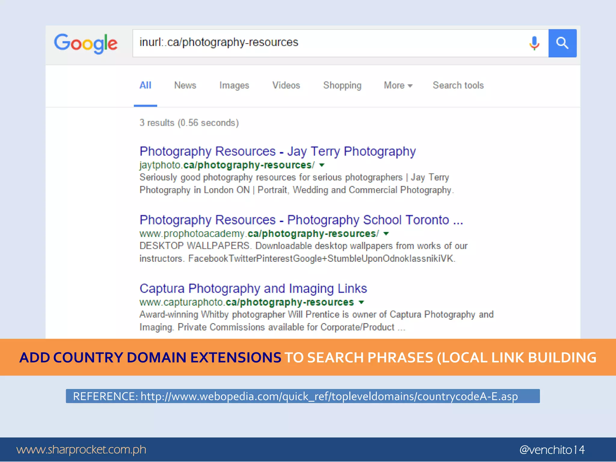 www.sharprocket.com.ph @venchito14
ADD COUNTRY DOMAIN EXTENSIONS TO SEARCH PHRASES (LOCAL LINK BUILDING
REFERENCE: http://www.webopedia.com/quick_ref/topleveldomains/countrycodeA-E.asp
 