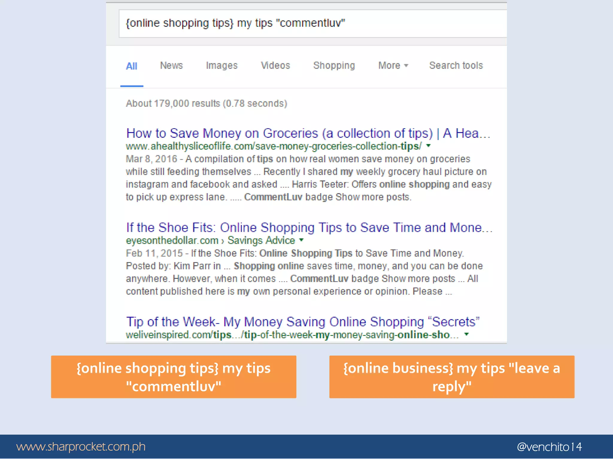 www.sharprocket.com.ph @venchito14
{online business} my tips "leave a
reply"
{online shopping tips} my tips
"commentluv"
 