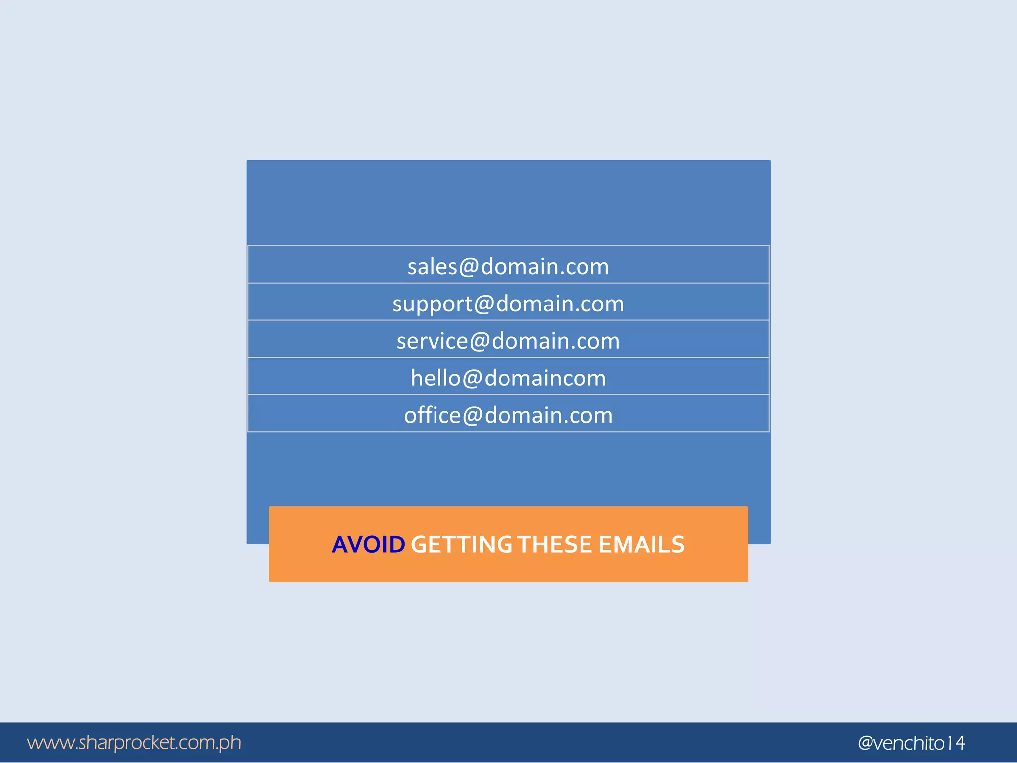 www.sharprocket.com.ph @venchito14
sales@domain.com
support@domain.com
service@domain.com
hello@domaincom
office@domain.com
AVOID GETTINGTHESE EMAILS
 