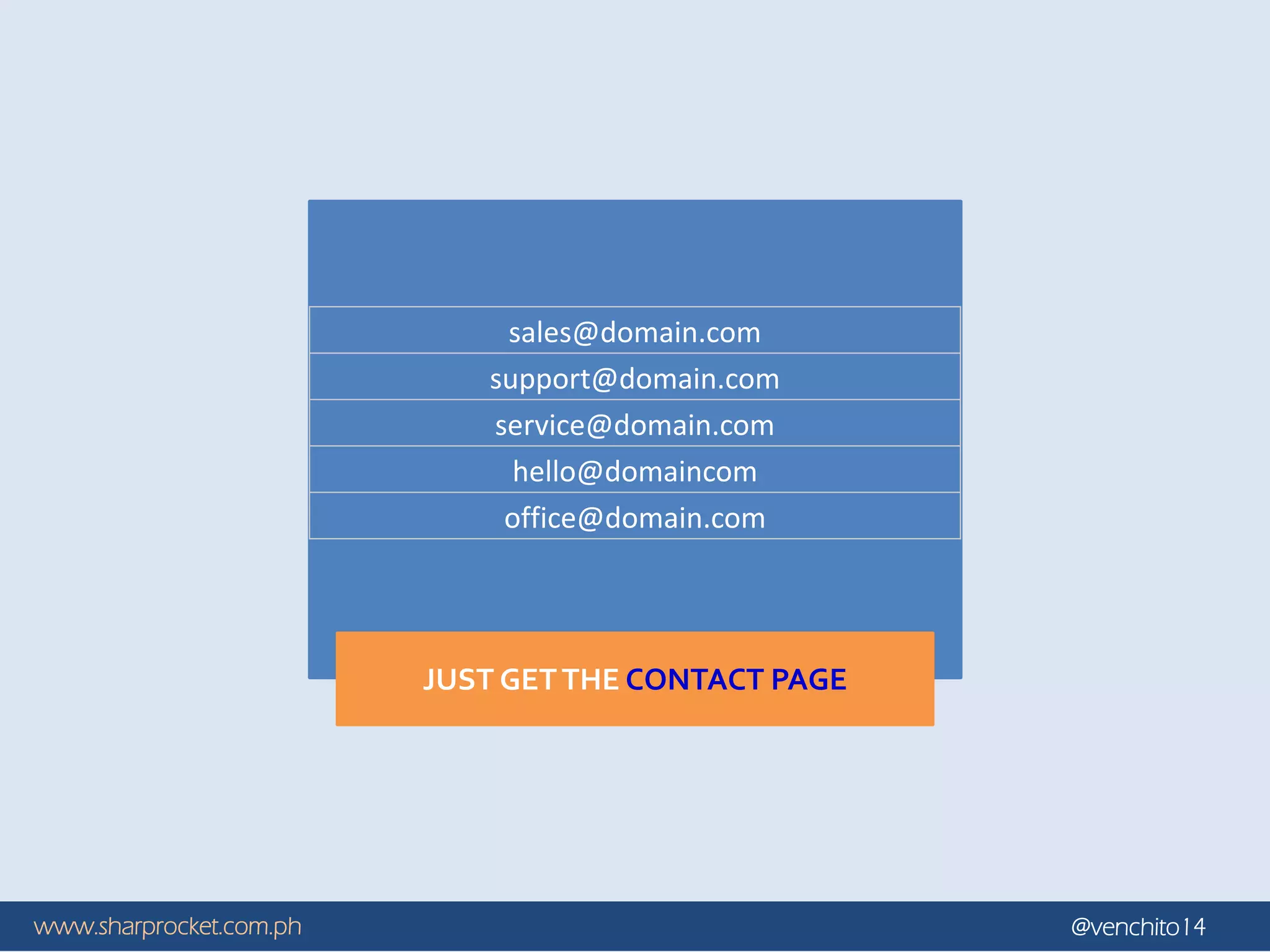 www.sharprocket.com.ph @venchito14
sales@domain.com
support@domain.com
service@domain.com
hello@domaincom
office@domain.com
JUST GETTHE CONTACT PAGE
 