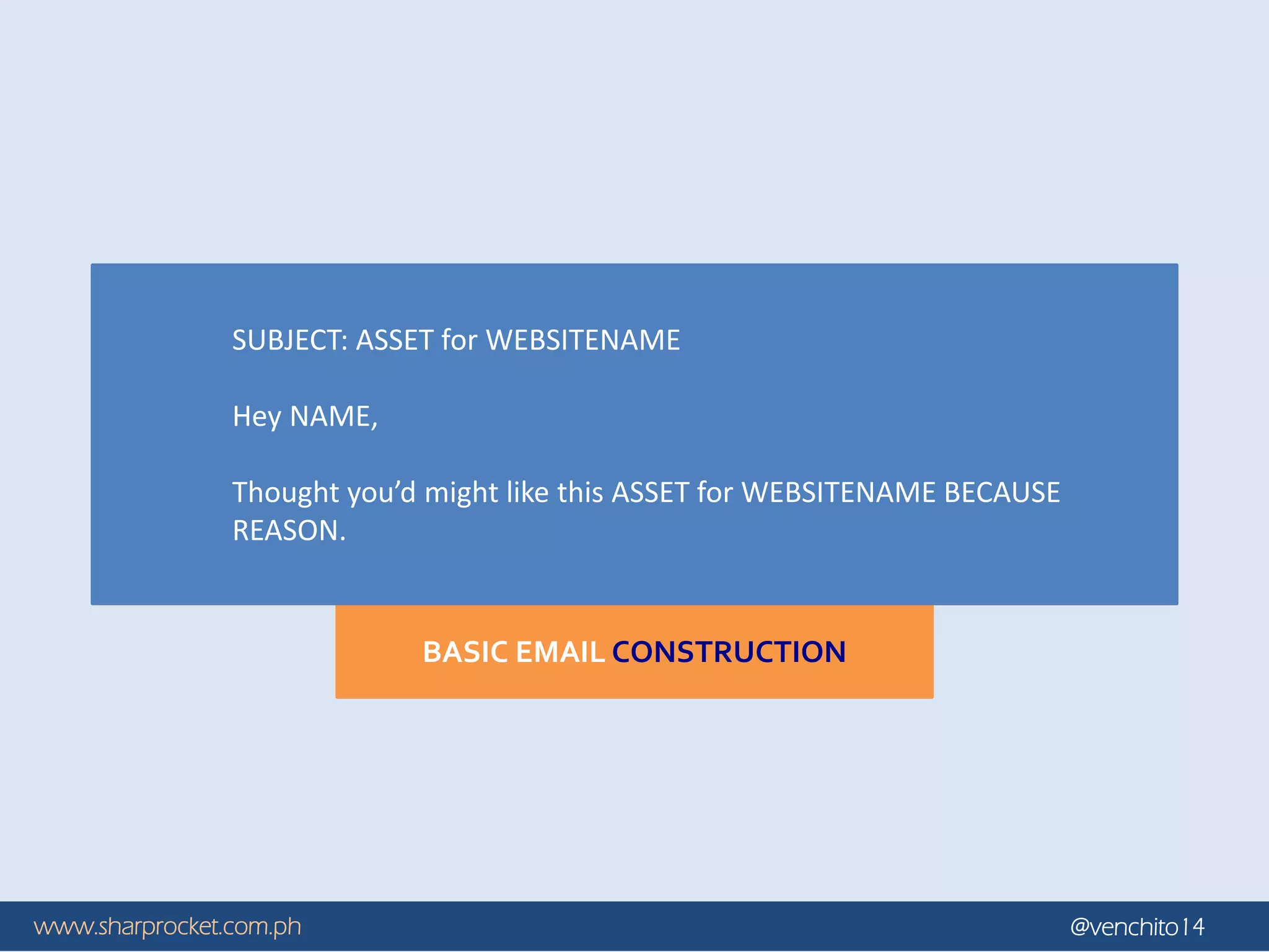 www.sharprocket.com.ph @venchito14
BASIC EMAIL CONSTRUCTION
SUBJECT: ASSET for WEBSITENAME
Hey NAME,
Thought you’d might like this ASSET for WEBSITENAME BECAUSE
REASON.
 