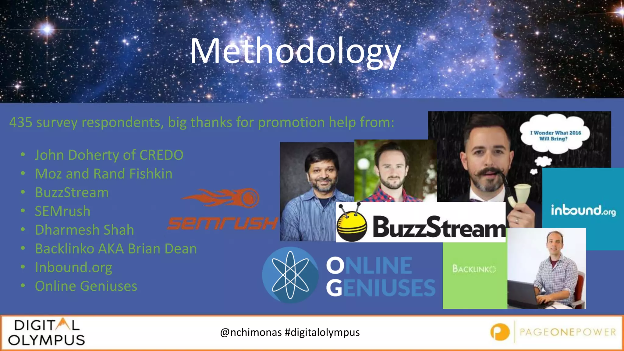 @nchimonas #digitalolympus
Methodology
435 survey respondents, big thanks for promotion help from:
• John Doherty of CREDO
• Moz and Rand Fishkin
• BuzzStream
• SEMrush
• Dharmesh Shah
• Backlinko AKA Brian Dean
• Inbound.org
• Online Geniuses
 
