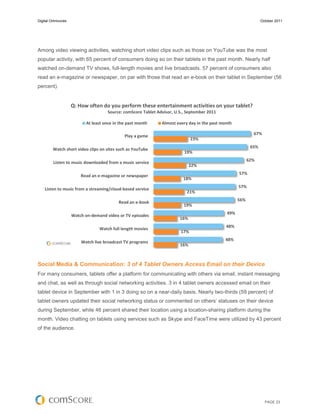 Digital Omnivores                                                                                                October 2011




Among video viewing activities, watching short video clips such as those on YouTube was the most
popular activity, with 65 percent of consumers doing so on their tablets in the past month. Nearly half
watched on-demand TV shows, full-length movies and live broadcasts. 57 percent of consumers also
read an e-magazine or newspaper, on par with those that read an e-book on their tablet in September (56
percent).


                    Q: How often do you perform these entertainment activities on your tablet?
                                     Source: comScore Tablet Advisor, U.S., September 2011

                          At least once in the past month      Almost every day in the past month

                                                                                                            67%
                                             Play a game
                                                                              23%
                                                                                                           65%
        Watch short video clips on sites such as YouTube
                                                                          19%
                                                                                                          62%
         Listen to music downloaded from a music service
                                                                              22%
                                                                                                    57%
                        Read an e-magazine or newspaper
                                                                         18%
                                                                                                    57%
    Listen to music from a streaming/cloud-based service
                                                                           21%
                                                                                                    56%
                                          Read an e-book
                                                                          19%
                                                                                              49%
                    Watch on-demand video or TV episodes
                                                                        16%
                                                                                              48%
                                 Watch full length movies
                                                                        17%
                                                                                             48%
                        Watch live broadcast TV programs
                                                                        16%



Social Media & Communication: 3 of 4 Tablet Owners Access Email on their Device
For many consumers, tablets offer a platform for communicating with others via email, instant messaging
and chat, as well as through social networking activities. 3 in 4 tablet owners accessed email on their
tablet device in September with 1 in 3 doing so on a near-daily basis. Nearly two-thirds (59 percent) of
tablet owners updated their social networking status or commented on others’ statuses on their device
during September, while 46 percent shared their location using a location-sharing platform during the
month. Video chatting on tablets using services such as Skype and FaceTime were utilized by 43 percent
of the audience.




                                                                                                                   PAGE 23
 