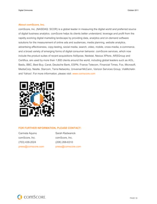 Digital Omnivores                                                                                  October 2011




About comScore, Inc.
comScore, Inc. (NASDAQ: SCOR) is a global leader in measuring the digital world and preferred source
of digital business analytics. comScore helps its clients better understand, leverage and profit from the
rapidly evolving digital marketing landscape by providing data, analytics and on-demand software
solutions for the measurement of online ads and audiences, media planning, website analytics,
advertising effectiveness, copy-testing, social media, search, video, mobile, cross-media, e-commerce,
and a broad variety of emerging forms of digital consumer behavior. comScore services, which now
include the product suites of recent acquisitions AdXpose, Nedstat, Nexius XPlore, ARSGroup and
Certifica, are used by more than 1,800 clients around the world, including global leaders such as AOL,
Baidu, BBC, Best Buy, Carat, Deutsche Bank, ESPN, France Telecom, Financial Times, Fox, Microsoft,
MediaCorp, Nestle, Starcom, Terra Networks, Universal McCann, Verizon Services Group, ViaMichelin
and Yahoo!. For more information, please visit: www.comscore.com




FOR FURTHER INFORMATION, PLEASE CONTACT:

Carmela Aquino                   Sarah Radwanick
comScore, Inc.                   comScore, Inc.
(703) 438-2024                   (206) 268-6310
press@comscore.com               press@comscore.com




                                                                                                     PAGE 33
 