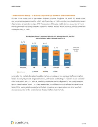 Digital Omnivores                                                                                                 October 2011




Tablets Deliver Nearly 1 in 4 Non-Computer Page Views in Selected Markets
A closer look at digital traffic in five markets (Australia, Canada, Singapore, UK, and U.S.), where mobile
and connected devices account for a fairly significant share of traffic, provides more detail into the extent
of penetration for each device type. With the exception of Canada, mobile devices accounted for more
than 60 percent of non-computer traffic in all these markets. Next to mobile, however, tablets contributed
the largest share of traffic.



                            Breakdown of Non-Computer Device Traffic Among Selected Markets
                                           Source: comScore Device Essentials, August 2011

                    7.2%
                                    6.8%              6.8%
                    3.8%
                                    7.7%               7.5%
                                                                        5.3%                         Total Non-
                    34.4%           24.7%                                                            Computer
                                                       28.1%
                                                                         6.4%            4.4%
                                                                                                       Traffic
                                                                        29.7%                13.2%

                                                                                             39.5%
                    61.8%           67.6%              64.4%
                                                                        63.9%
                                                                                             47.3%


                Singapore            UK                 U.S.           Australia         Canada

                                     Mobile             Tablet          Other


Among the five markets, Canada showed the highest percentage of non-computer traffic coming from
tablets at nearly 40 percent. Singapore followed, with tablets contributing 34.4 percent of non-computer
traffic. In Australia, the U.S., and UK, tablets accounted for at least 24 percent of non-computer traffic.
Across these markets, nearly 1 in 4 page views made on mobile and connected devices came from a
tablet. Other web-enabled devices (which include e-readers, gaming consoles, and other handheld
devices) accounted for the smallest share of digital traffic in most markets.




                                                                                                                     PAGE 8
 