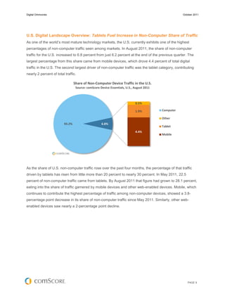 Digital Omnivores                                                                                    October 2011




U.S. Digital Landscape Overview: Tablets Fuel Increase in Non-Computer Share of Traffic
As one of the world’s most mature technology markets, the U.S. currently exhibits one of the highest
percentages of non-computer traffic seen among markets. In August 2011, the share of non-computer
traffic for the U.S. increased to 6.8 percent from just 6.2 percent at the end of the previous quarter. The
largest percentage from this share came from mobile devices, which drove 4.4 percent of total digital
traffic in the U.S. The second largest driver of non-computer traffic was the tablet category, contributing
nearly 2 percent of total traffic.

                                 Share of Non-Computer Device Traffic in the U.S.
                                  Source: comScore Device Essentials, U.S., August 2011



                                                                            0.5%

                                                                            1.9%          Computer

                                                                                          Other
                         93.2%                      6.8%
                                                                                          Tablet
                                                                            4.4%
                                                                                          Mobile




As the share of U.S. non-computer traffic rose over the past four months, the percentage of that traffic
driven by tablets has risen from little more than 20 percent to nearly 30 percent. In May 2011, 22.5
percent of non-computer traffic came from tablets. By August 2011 that figure had grown to 28.1 percent,
eating into the share of traffic garnered by mobile devices and other web-enabled devices. Mobile, which
continues to contribute the highest percentage of traffic among non-computer devices, showed a 3.8-
percentage point decrease in its share of non-computer traffic since May 2011. Similarly, other web-
enabled devices saw nearly a 2-percentage point decline.




                                                                                                        PAGE 9
 