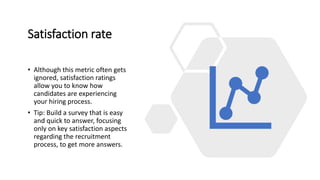 Satisfaction rate
• Although this metric often gets
ignored, satisfaction ratings
allow you to know how
candidates are experiencing
your hiring process.
• Tip: Build a survey that is easy
and quick to answer, focusing
only on key satisfaction aspects
regarding the recruitment
process, to get more answers.
 