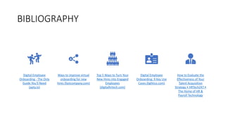 BIBLIOGRAPHY
Digital Employee
Onboarding - The Only
Guide You'll Need
(apty.io)
Ways to improve virtual
onboarding for new
hires (fastcompany.com)
Top 5 Ways to Turn Your
New Hires into Engaged
Employees
(digitalhrtech.com)
Digital Employee
Onboarding: 9 Key Use
Cases (lightico.com)
How to Evaluate the
Effectiveness of Your
Talent Acquisition
Strategy • HRTech247 •
The Home of HR &
Payroll Technology
 