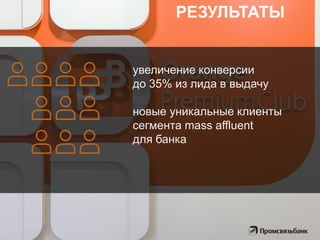 увеличение конверсии
до 35% из лида в выдачу
новые уникальные клиенты
сегмента mass affluent
для банка
РЕЗУЛЬТАТЫ
 
