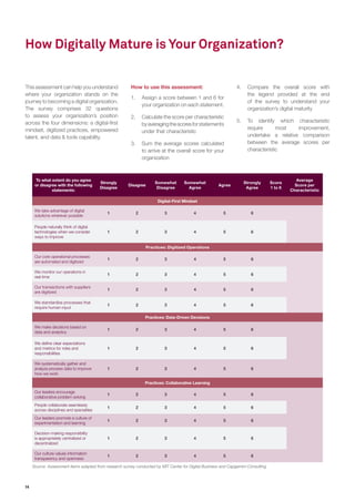 14
How Digitally Mature is Your Organization?
This assessment can help you understand
where your organization stands on the
journey to becoming a digital organization.
The survey comprises 32 questions
to assess your organization’s position
across the four dimensions: a digital-first
mindset, digitized practices, empowered
talent, and data & tools capability.
How to use this assessment:
1.	 Assign a score between 1 and 6 for
your organization on each statement.
2.	 Calculate the score per characteristic
byaveragingthescoresforstatements
under that characteristic
3.	 Sum the average scores calculated
to arrive at the overall score for your
organization
To what extent do you agree
or disagree with the following
statements:
Strongly
Disagree
Disagree
Somewhat
Disagree
Somewhat
Agree
Agree
Strongly
Agree
Score
1 to 6
Average
Score per
Characteristic
Digital-First Mindset
We take advantage of digital
solutions wherever possible
1 2 3 4 5 6
People naturally think of digital
technologies when we consider
ways to improve
1 2 3 4 5 6
Practices: Digitized Operations
Our core operational processes
are automated and digitized
1 2 3 4 5 6
We monitor our operations in
real time
1 2 3 4 5 6
Our transactions with suppliers
are digitized
1 2 3 4 5 6
We standardize processes that
require human input
1 2 3 4 5 6
Practices: Data-Driven Decisions
We make decisions based on
data and analytics
1 2 3 4 5 6
We define clear expectations
and metrics for roles and
responsibilities
1 2 3 4 5 6
We systematically gather and
analyze process data to improve
how we work
1 2 3 4 5 6
Practices: Collaborative Learning
Our leaders encourage
collaborative problem solving
1 2 3 4 5 6
People collaborate seamlessly
across disciplines and specialties
1 2 3 4 5 6
Our leaders promote a culture of
experimentation and learning
1 2 3 4 5 6
Decision-making responsibility
is appropriately centralized or
decentralized
1 2 3 4 5 6
Our culture values information
transparency and openness
1 2 3 4 5 6
4.	 Compare the overall score with
the legend provided at the end
of the survey to understand your
organization’s digital maturity
5.	 To identify which characteristic
require most improvement,
undertake a relative comparison
between the average scores per
characteristic
Source: Assessment items adapted from research survey conducted by MIT Center for Digital Business and Capgemini Consulting
 