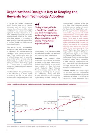 2
Organizational Design is Key to Reaping the
Rewards from Technology Adoption
Figure 1: Labor Productivity in the Electrification Era Surged as Organizations Redesigned Operations
Source: Adapted from Erik Brynjolfsson and Andrew McAfee, “The Second Machine Age”, January 2014
In the late 19th century, the industrial
world’s factories underwent a massive
technology shift as electric power
replaced steam. However, at the outset,
electrification was not accompanied by
significant changes in operations. As a
result, it did not give productivity levels the
expected shot in the arm. In fact, it took
nearly three decades for productivity to
surge, when factories used electrification
to radically rethink their organizational
design (see Figure 1).
With electric motors, manufacturers
realized they could power smaller groups
of machines – and eventually individual
machines – rather than all machines at
once. These developments gave rise
to efficient layouts, such as assembly
lines, with Henry Ford famously reducing
the time to build a car from 12 hours to
2.5 hours in 19131
. Productivity surged
as a consequence of organizational
change, not just the emergence of a new
technology.
Fast forward from the age of electricity
in the 19th century to today’s digital
21st century, and we can see history
repeating itself. Today’s Henry Fords – the
General Electric. The aircraft engine
to industrial products conglomerate
understood the importance of large-scale
organizational change in the journey to
becoming a digital organization. Back
1915=100
40
60
80
100
120
140
160
180
1890 19301900 1910 1920
Productivity Surge CAGR of 2.5% over
15 years (1915 - 1930)
1913 - Ford’s Assembly
Line Begins Operation
CAGR of 1.16% over
25 years (1890 - 1915)
LaborProductivity
Year
digital masters – are harnessing digital
technologies to redesign their operations
and create truly digital organizations:
Starbucks. The company made
organization change its top priority as it
embarked on its digital transformation.
It carved out an internal, venture capital-
style incubator for digital technology
called Starbucks Digital Ventures.
The unit remained separate from the
company’s Marketing and IT groups,
but collaborated closely with both
to drive innovation in the company’s
digital strategy. Further, it brought key
Today’s Henry Fords
– the digital masters –
are harnessing digital
technologies to redesign
their operations and
create truly digital
organizations.
customer-facing initiatives under the
chief digital officer’s purview in an effort
to boost customer loyalty and growth.
As Starbucks chief digital officer Adam
Brotman says, “Before the CDO position
was created, my job was web, mobile
and social media. It wasn’t global digital
marketing, it wasn’t card, and it wasn’t
loyalty. Those were in three different
separate groups in the organization. We
realized those were all one thing and they
all work best together. If you listed the
vision for where we wanted to go with
digital, it was encompassing all those
things.”2
By bringing these fragmented
responsibilities together, Starbucks
strengthened its digital unit and set the
stage for its digital leadership. Today, 12
millionpeopleactivelyuseStarbucksapps,
conducting seven million transactions
a week. Starbucks’ loyalty program has
eight million active members, helping the
company become one of retail’s most
powerful mobile ecosystems3
.
 
