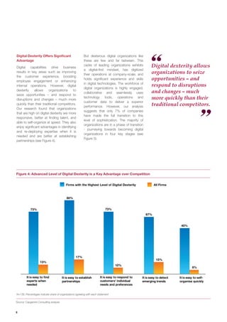 6
Digital Dexterity Offers Significant
Advantage
Digital capabilities drive business
results in key areas such as improving
the customer experience, boosting
employee engagement or enhancing
internal operations. However, digital
dexterity allows organizations to
seize opportunities – and respond to
disruptions and changes – much more
quickly than their traditional competitors.
Our research found that organizations
that are high on digital dexterity are more
responsive, better at finding talent, and
able to self-organize at speed. They also
enjoy significant advantages in identifying
and re-deploying expertise when it is
needed and are better at establishing
partnerships (see Figure 4).
Digital dexterity allows
organizations to seize
opportunities – and
respond to disruptions
and changes – much
more quickly than their
traditional competitors.
Source: Capgemini Consulting analysis
Firms with the Highest Level of Digital Dexterity All Firms
73%
80%
67%
13%
17%
10%
8%
15%
It is easy to establish
partnerships
It is easy to detect
emerging trends
It is easy to self-
organise quickly
It is easy to find
experts when
needed
It is easy to respond to
customers’ individual
needs and preferences
73%
40%
N=135; Percentages indicate share of organizations agreeing with each statement
But dexterous digital organizations like
these are few and far between. This
cadre of leading organizations exhibits
a digital-first mindset, has digitized
their operations at company-scale, and
holds significant experience and skills
in digital technologies. The workforce of
digital organizations is highly engaged,
collaborative and seamlessly uses
technology tools, operations and
customer data to deliver a superior
performance. However, our analysis
suggests that only 7% of companies
have made the full transition to this
level of sophistication. The majority of
organizations are in a phase of transition
- journeying towards becoming digital
organizations in four key stages (see
Figure 5).
Figure 4: Advanced Level of Digital Dexterity is a Key Advantage over Competition
 