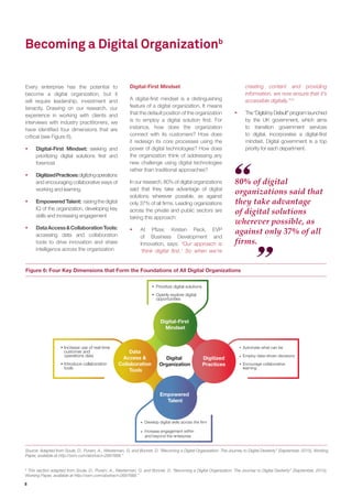 8
Every enterprise has the potential to
become a digital organization, but it
will require leadership, investment and
tenacity. Drawing on our research, our
experience in working with clients and
interviews with industry practitioners, we
have identified four dimensions that are
critical (see Figure 6).
ƒƒ Digital-First Mindset: seeking and
prioritizing digital solutions first and
foremost
ƒƒ DigitizedPractices:digitizingoperations
and encouraging collaborative ways of
working and learning
ƒƒ EmpoweredTalent: raisingthedigital
IQ of the organization, developing key
skills and increasing engagement
ƒƒ DataAccess&CollaborationTools:
accessing data and collaboration
tools to drive innovation and share
intelligence across the organization
Digital-First Mindset
A digital-first mindset is a distinguishing
feature of a digital organization. It means
that the default position of the organization
is to employ a digital solution first. For
instance, how does the organization
connect with its customers? How does
it redesign its core processes using the
power of digital technologies? How does
the organization think of addressing any
new challenge using digital technologies
rather than traditional approaches?
In our research, 80% of digital organizations
said that they take advantage of digital
solutions wherever possible, as against
only 37% of all firms. Leading organizations
across the private and public sectors are
taking this approach:
ƒƒ At Pfizer, Kristen Peck, EVP
of Business Development and
Innovation, says: “Our approach is
‘think digital first.’ So when we’re
Becoming a Digital Organizationb
creating content and providing
information, we now ensure that it’s
accessible digitally.”13
ƒƒ The“DigitalbyDefault”programlaunched
by the UK government, which aims
to transition government services
to digital, incorporates a digital-first
mindset. Digital government is a top
priority for each department.
Source: Adapted from Soule, D., Puram, A., Westerman, G. and Bonnet, D. “Becoming a Digital Organization: The Journey to Digital Dexterity” (September, 2015), Working
Paper, available at http://ssrn.com/abstract=2697688.”
b
This section adapted from Soule, D., Puram, A., Westerman, G. and Bonnet, D. “Becoming a Digital Organization: The Journey to Digital Dexterity” (September, 2015),
Working Paper, available at http://ssrn.com/abstract=2697688.”
Automate what
can be
Employ
data-driven
decisions
Encourage
collaborative
learning
Digital-First
Mindset
Data
Access &
Collaboration
Tools
Digital
Organization
Automate what can be
Employ data-driven decisions
Encourage collaborative
learning
Digitized
Practices
Empowered
Talent
Increase use of real-time
customer and
operations data
Introduce collaboration
tools
Prioritize digital solutions
Openly explore digital
opportunities
•
•
Develop digital skills across the firm
Increase engagement within
and beyond the enterprise
•
•
•
•
•
•
•
80% of digital
organizations said that
they take advantage
of digital solutions
wherever possible, as
against only 37% of all
firms.
Figure 6: Four Key Dimensions that Form the Foundations of All Digital Organizations
 