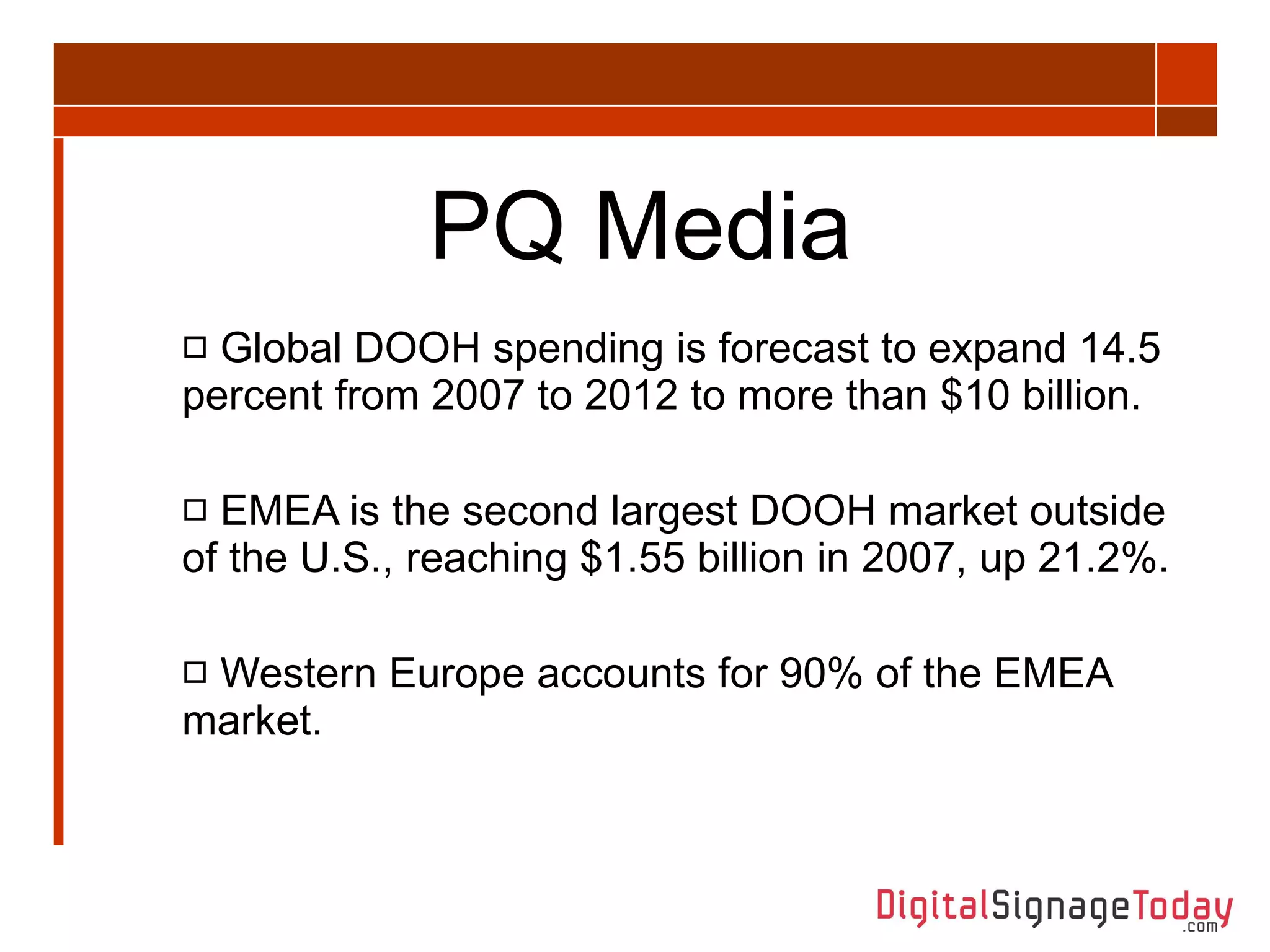 PQ Media Global DOOH spending is forecast to expand 14.5 percent from 2007 to 2012 to more than $10 billion. EMEA is the second largest DOOH market outside of the U.S., reaching $1.55 billion in 2007, up 21.2%.  Western Europe accounts for 90% of the EMEA market.  