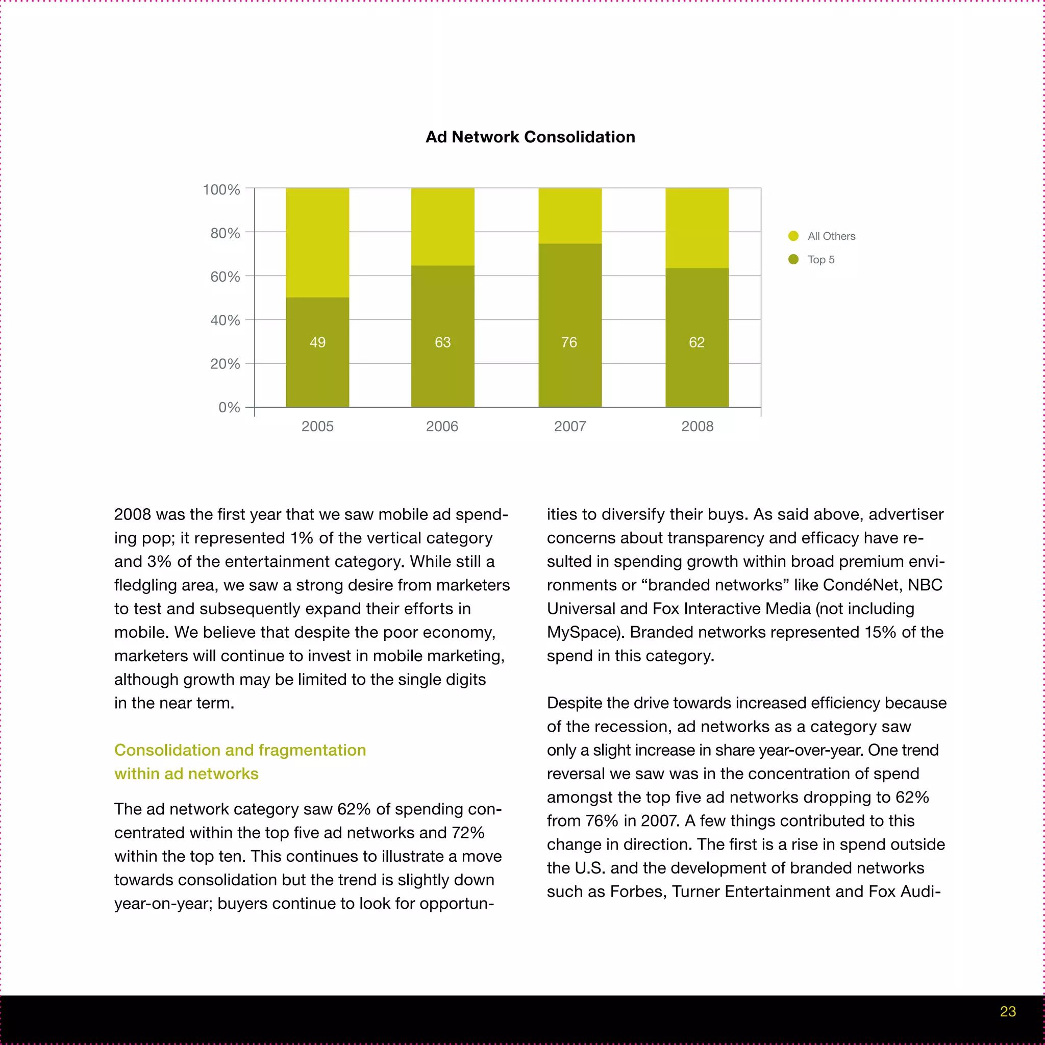 Ad Network Consolidation


            100%


             80%                                                                               All Others

                                                                                               Top 5
             60%


             40%
                           49                63             76                62
             20%


              0%
                          2005              2006           2007              2008




2008 was the first year that we saw mobile ad spend-      ities to diversify their buys. As said above, advertiser
ing pop; it represented 1% of the vertical category       concerns about transparency and efficacy have re-
and 3% of the entertainment category. While still a       sulted in spending growth within broad premium envi-
fledgling area, we saw a strong desire from marketers     ronments or “branded networks” like CondéNet, NBC
to test and subsequently expand their efforts in          Universal and Fox Interactive Media (not including
mobile. We believe that despite the poor economy,         MySpace). Branded networks represented 15% of the
marketers will continue to invest in mobile marketing,    spend in this category.
although growth may be limited to the single digits
in the near term.                                         Despite the drive towards increased efficiency because
                                                          of the recession, ad networks as a category saw
Consolidation and fragmentation                           only a slight increase in share year-over-year. One trend
within ad networks                                        reversal we saw was in the concentration of spend
                                                          amongst the top five ad networks dropping to 62%
The ad network category saw 62% of spending con-
                                                          from 76% in 2007. A few things contributed to this
centrated within the top five ad networks and 72%
                                                          change in direction. The first is a rise in spend outside
within the top ten. This continues to illustrate a move
                                                          the U.S. and the development of branded networks
towards consolidation but the trend is slightly down
                                                          such as Forbes, Turner Entertainment and Fox Audi-
year-on-year; buyers continue to look for opportun-




                                                                                                                      23
 