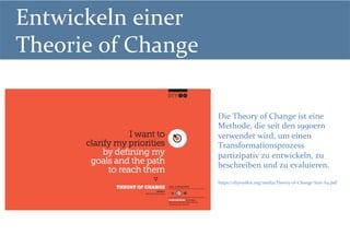 Entwickeln	einer		
Theorie	of	Change	
Die	Theory	of	Change	ist	eine	
Methode,	die	seit	den	1990ern	
verwendet	wird,	um	ein...