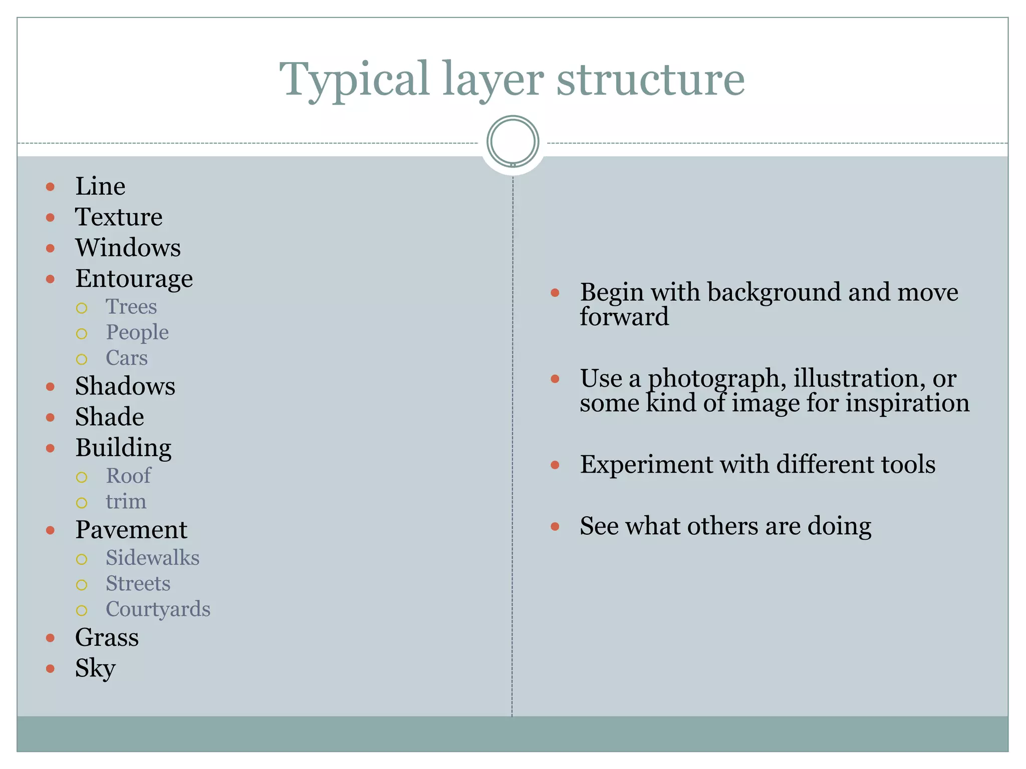 Typical layer structure

   Line
   Texture
   Windows
   Entourage
                               Begin with background and move
       Trees
                                forward
       People
       Cars
 Shadows                      Use a photograph, illustration, or
                                some kind of image for inspiration
 Shade
 Building
   Roof
                               Experiment with different tools
   trim
 Pavement                     See what others are doing
   Sidewalks
   Streets
   Courtyards
 Grass
 Sky
 