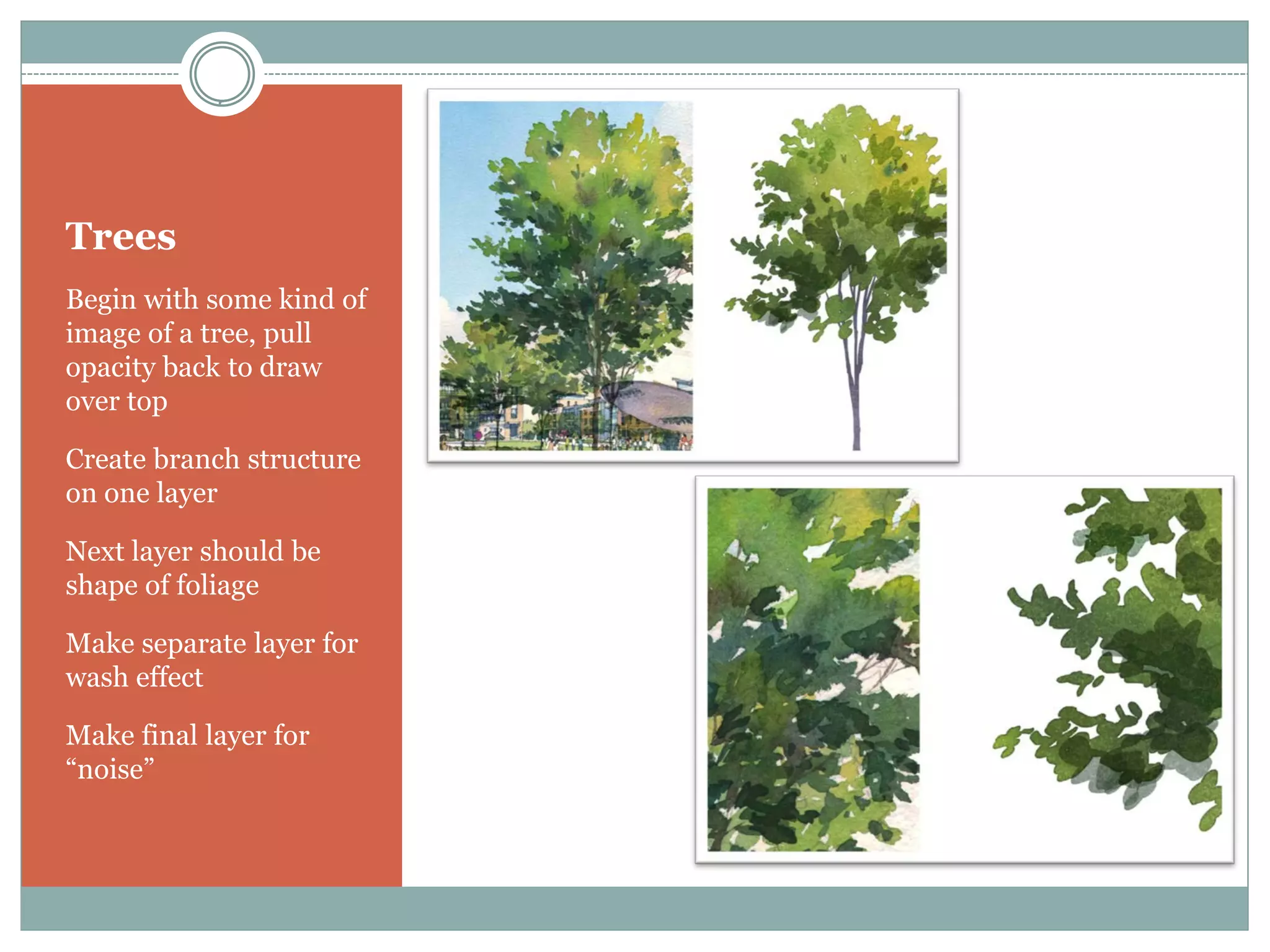 Trees
Begin with some kind of
image of a tree, pull
opacity back to draw
over top

Create branch structure
on one layer

Next layer should be
shape of foliage

Make separate layer for
wash effect

Make final layer for
“noise”
 