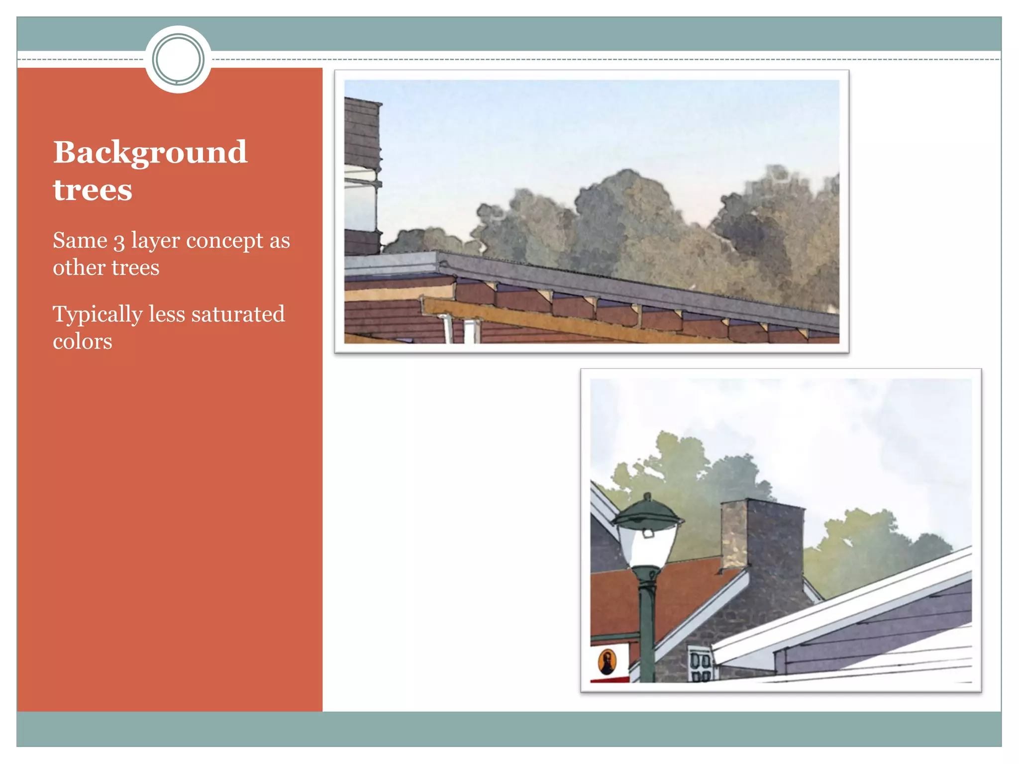 Background
trees
Same 3 layer concept as
other trees

Typically less saturated
colors
 
