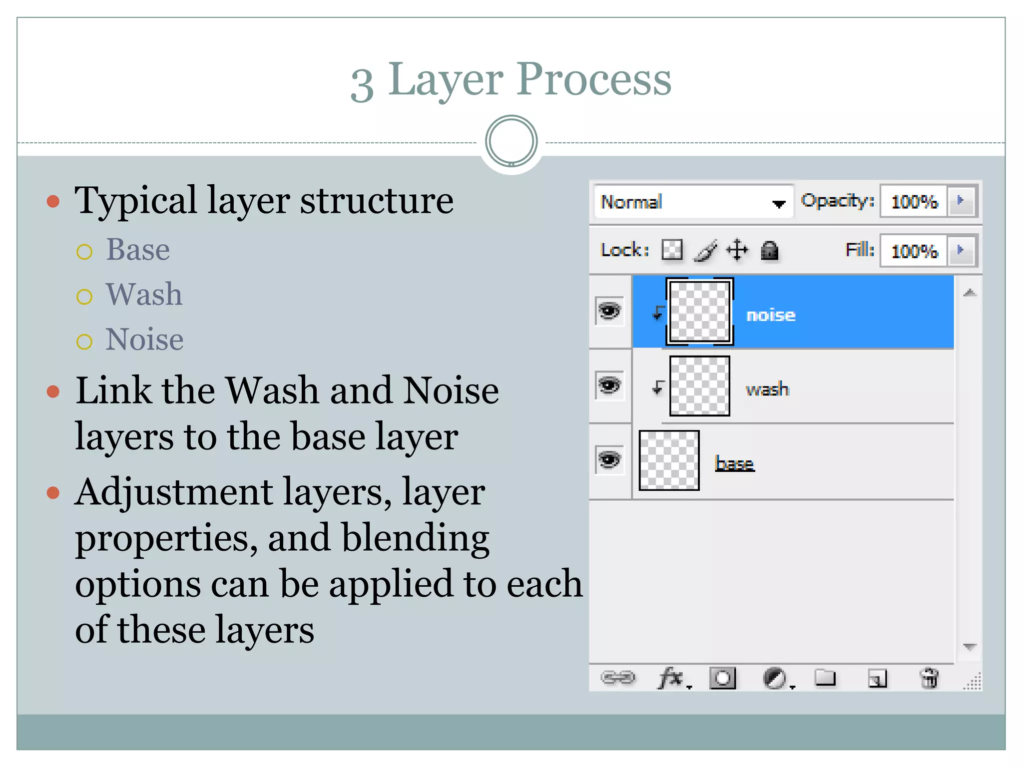 3 Layer Process

 Typical layer structure
   Base

   Wash

   Noise

 Link the Wash and Noise
  layers to the base layer
 Adjustment layers, layer
  properties, and blending
  options can be applied to each
  of these layers
 