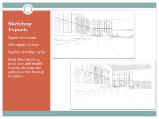 Sketchup
Exports
Export wireframe

Edit export options

Explore sketchup styles

Keep drawing scans,
print outs, and model
exports the same size
and resolution for easy
transition
 