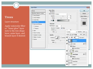 Trees
Layer structure

Apply watercolor filter
or “inner glow” layer
style to the tree shape
layer, noise layer, and
branch layer if desired
 